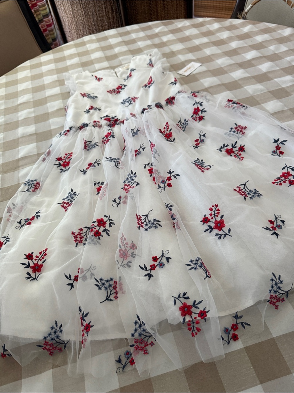 Kensie Girl White Tulle Dress with Red & Navy Floral Embroidery